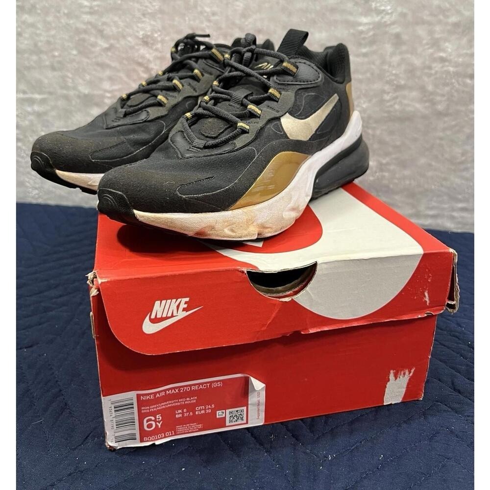 Nike Air Max 270 React GS Black Iron Grey Gold Size 6.5Y Youth Sneakers